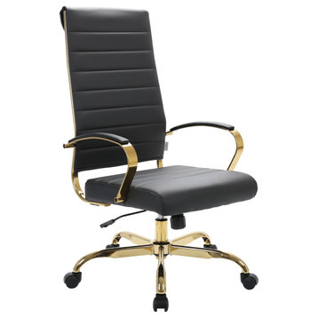 LeisureMod Benmar High-Back Leather Office Chair With Gold Frame, Black