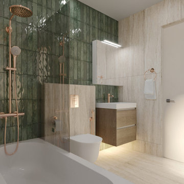 Master Bathroom with Green Tiles and a Full-Size Bathtub