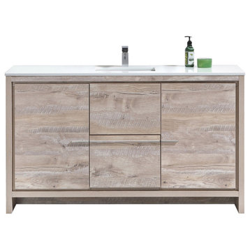 KubeBath Dolce 60″ Nature Wood Modern Bathroom Vanity, White Quartz Counter-Top
