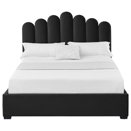 Inspired Home Monty Bed, Velvet Upholstered Scalloped Headboard, Black, Queen