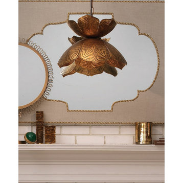 Elegant Carved Metal Lotus Flower Pendant Light 10.5" Dome Brass Bronze Gold
