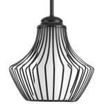 Progress Lighting - Progress Lighting Finn 1-Light. Pendant, Black - The one-light pendant from the Finn collection takes a new perspective on an open cage design. The beautifully graphic frame in a matte Black finish wraps around an etched white glass shade creating a focal aperture for a single bulb.