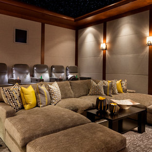 Example of a transitional enclosed carpeted home theater design in Philadelphia