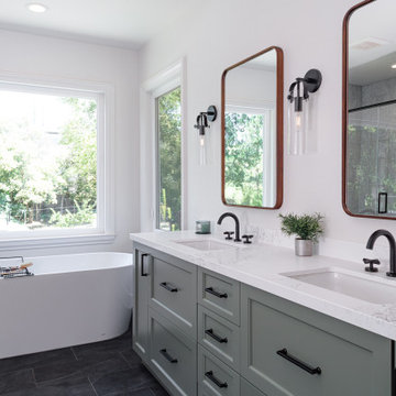 Transitional Primary Bathroom with Sage Green Vanity