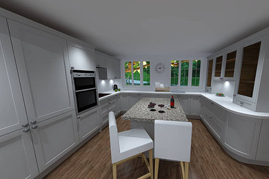 Medium sized traditional u-shaped kitchen/diner in Other with shaker cabinets, grey cabinets, quartz worktops and an island.