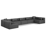 Meridian Furniture - Cube Upholstered Modular Sectional, Grey, 7-Piece: 5 Armless Chair, 2 Corner Chair, Vegan Leather - Elevate your space with the luxurious Cube Vegan Leather Modular Sectional. This modular sectional exudes modern elegance, charm, and comfort making it a perfect addition to any contemporary living space. Its clean lines and cube shape are reminiscent of minimalist design, while the plush charcoal grey vegan leather upholstery adds a touch of luxury and sophistication. The chair's versatile construction and geometric aesthetic seamlessly integrate into various design styles, from sleek living rooms to chic home offices, embodying the essence of modern design and creating a sense of order and tranquility in your space.