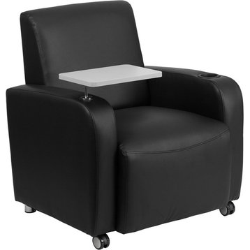 Black Leather Guest Chair With Tablet Arm, Front Wheel Casters And Cup Holder