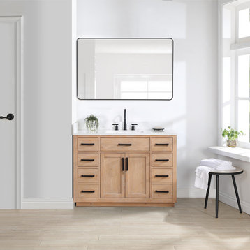 Gavino Vanity With Grain White Composite Stone Top, Light Brown/Matte Black, 48", With Mirror