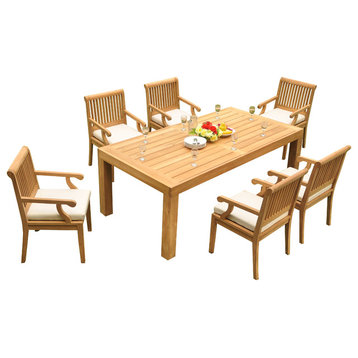 7-Piece Outdoor Patio Teak Dining Set: 86" Rectangle Table, 6 Sack Arm Chairs