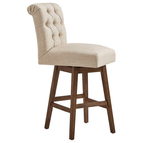 Anders Rolled Linen Upholstered Swivel Stool, Set of 2, Beige, 29" Bar