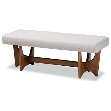 Theo Mid-Century Modern Grayish Beige Fabric Upholstered Walnut Finished Bench