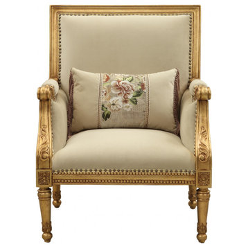 33" Beige And Gold Arm Chair And Toss Pillow