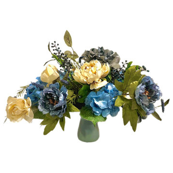 Spring All Season Floral Arrangement Blue Ivory Peony Hydrangea 22x16