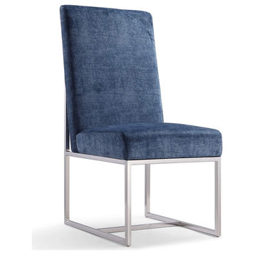 Modern Dining Chair, Polished Stainless Steel Frame & Padded Velvet Seat, Blue