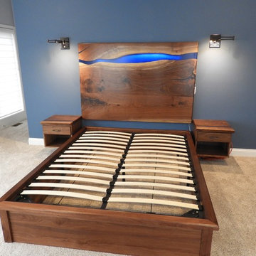 Walnut Live Edge Epoxy Resin River Headboard, Frame & Bedroom Set