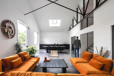Inspiration pour un grand salon gris et blanc urbain fermé avec un mur blanc, sol en béton ciré, un sol gris et un plafond cathédrale.