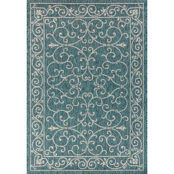 Charleston Filigree Textured Weave Indoor/Outdoor, Teal/Gray, 8 X 10