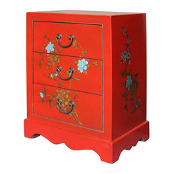 Chinese Red Vinyl Flower Birds 3 Drawers End Table Nightstand - Nightstands And Bedside Tables