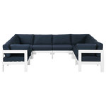 Meridian Furniture - Nizuc Water Resistant Patio U-Shaped Modular Sectional, Navy, 8-Piece: 4 Armless Chair, 4 Corner Chair, White Aluminum Frame - Pick and choose your favorites from the Nizuc collection to create a modular seating group the whole gang will enjoy. The sturdy aluminum frame provides dependable support for friends and family as they relax and unwind, and the resilient navy water resistant fabric stands up to the elements without losing its beautiful demeanor, so you can count on it lasting for the long haul. Latches beneath these seating pieces help you easily attach them to one another for convenient setup.