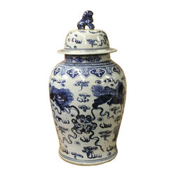 Chinese Large Blue & White Foo Dogs Porcelain General Temple Jar cs4813 - Decorative Jars And Urns
