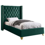 Meridian Furniture - Barolo Velvet Upholstered Bed, Green, Twin - Elegant and eye-catching, the stunning Barolo Bed from Meridian Furniture is the perfect addition to any bedroom. Rich velvet covers the deep tufted design. A beautiful wing bed design is complimented by hand applied gold nail head details. Strength and beauty is guaranteed with a solid wood frame and stainless steel legs.
