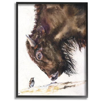 Bird And Large Buffalo Animal Watercolor Painting, 11"x14"