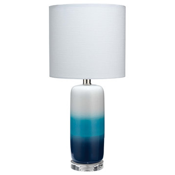 Haze Table Lamp, Blue Ombre Ceramic With Drum Shade, White Linen