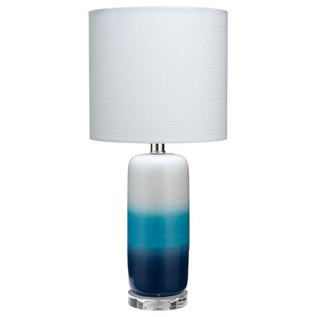 Haze Table Lamp, Blue Ombre Ceramic With Drum Shade, White Linen