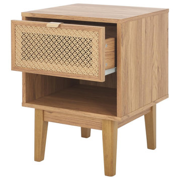 Unique Nightstand, Open Compartment and Drawer With Gold Accent, Oak