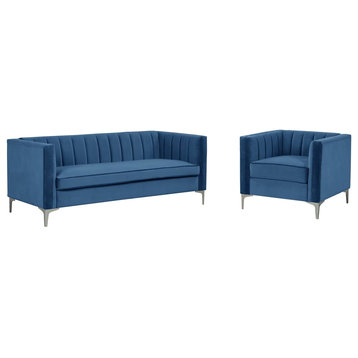 Contemporary Sofa & Accent Chair Set, Velvet Seat & Channel Tufted Back, Blue