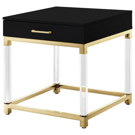 Dario High Gloss End Table With Acrylic Legs and Metal Base, Black/Gold