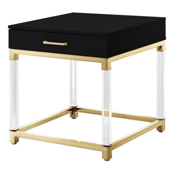 Dario High Gloss End Table With Acrylic Legs and Metal Base, Black/Gold