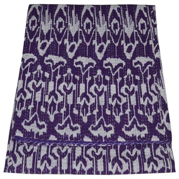 Purple Ikat Print Queen Cotton Kantha Bedspread Throw