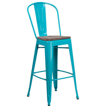 30" Metal Barstool With Back and Wood Seat, Crystal Teal-Blue