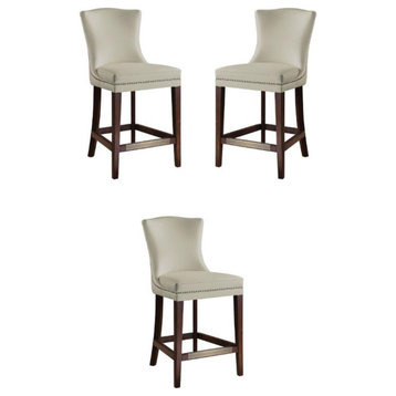 Home Square 26" Faux Leather Counter Stool in Cream and Walnut - Set of 3