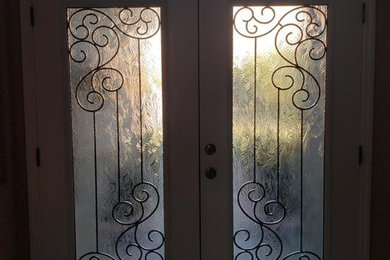 Decorative door glass with wrought iron desing fibeglass doore