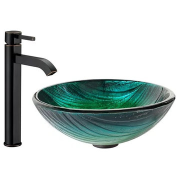 Contemporary Bathroom Faucet With Faucet, Green Glass Vessel, Oil Rubbed Bronze