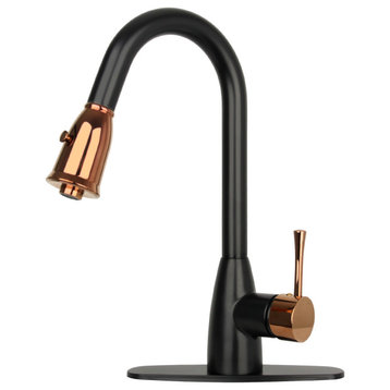 Pull Down Kitchen Faucet With Deck Plate, Two-Tone Matte Black and Rose Gold