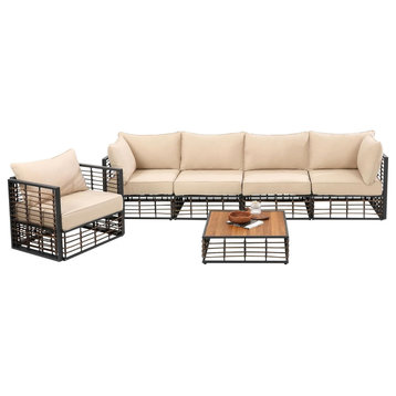 6 Pieces Sectional Patio Set, All Weather Metal Frame & Cushioned Seats, Beige