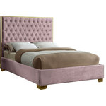 Meridian Furniture - Lana Velvet Bed, Pink, King - Make the Lana pink velvet bed part of your dream bedroom setup. This bed has all of the bells and whistles you want, including a super tall headboard that stands nearly five-feet tall. The bed is covered in pink velvet fabric for a luxe look, and it's deeply tufted for added luxuriousness. The headboard is soft and welcoming against your back and head as you read or watch TV in bed, and the bed rests on gold legs for dependable sturdiness and durability. Use it without a box spring or foundation, since the slats are included.