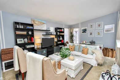 Living room - small coastal enclosed carpeted living room idea in Orange County with blue walls and a standard fireplace