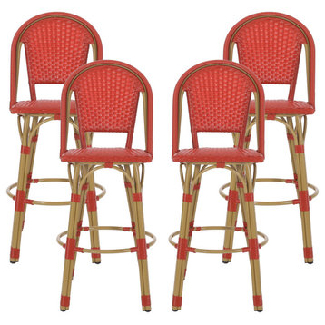Cotterell Outdoor French Wicker and Aluminum 29.5" Barstools, Set of 4, Red/Bamboo Finish