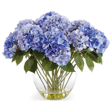 XL Blue Hydrangea Flowers Faux Floral Bouquet in Clear Glass Vase Water 27 in