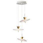 ET2 Lighting - Circuit LED 3-Light Pendant - Flat round acrylic disks are etched with a circular design that becomes vivid as light travels through it. Suspended from frames of Matte White with Metallic Gold accents, each disc has a swivel which allows you to control the direction the light.
