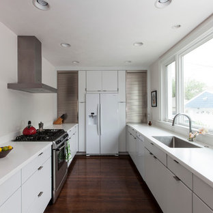 Mid-sized contemporary kitchen pantry ideas - Kitchen pantry - mid-sized contemporary l-shaped dark wood floor kitchen pantry idea in Milwaukee with an undermount sink, flat-panel cabinets, white cabinets, solid surface countertops, stainless steel appliances and no island