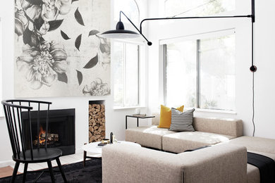Scandinavian living room in San Francisco with white walls.