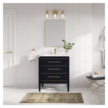 Celios Bathroom Vanity, Single Sink, 30", Black with Brass Trim, Freestanding
