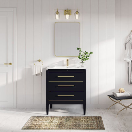 Grace Bathroom Vanity, Black With Brass Trim, 30", Single Sink, Freestanding