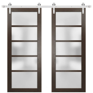 Double Barn Door 64 x 80 Frosted Glass, Quadro 4002 Chocolate Ash, Silver 13FT
