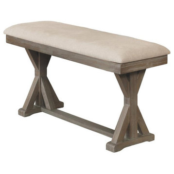 Rustic Wood Counterheight Dining Bench Upholstered with Beige Linen Fabric